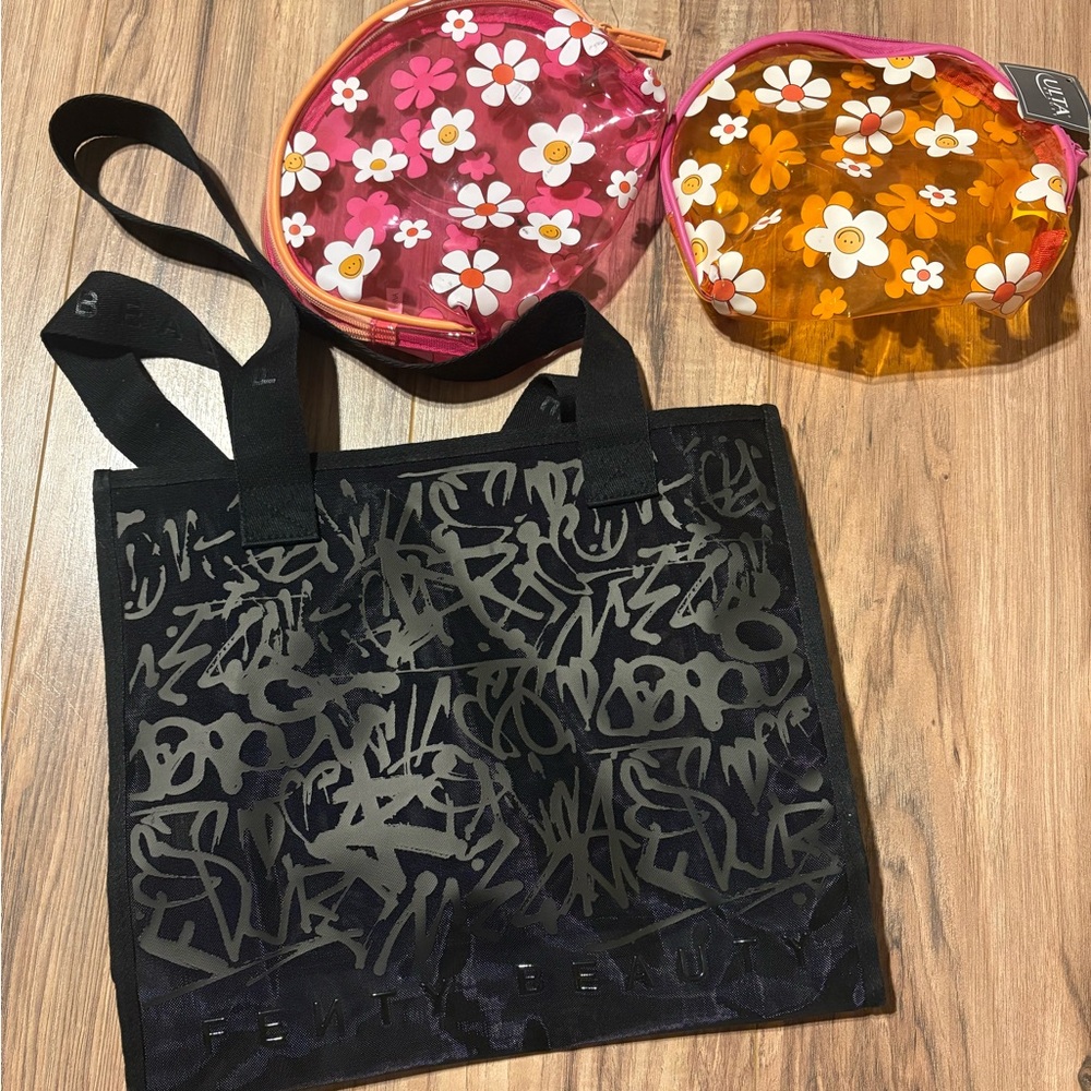 Fenty Beauty Black Graffiti Tote with 2 Ulta Floral Makep Pouches